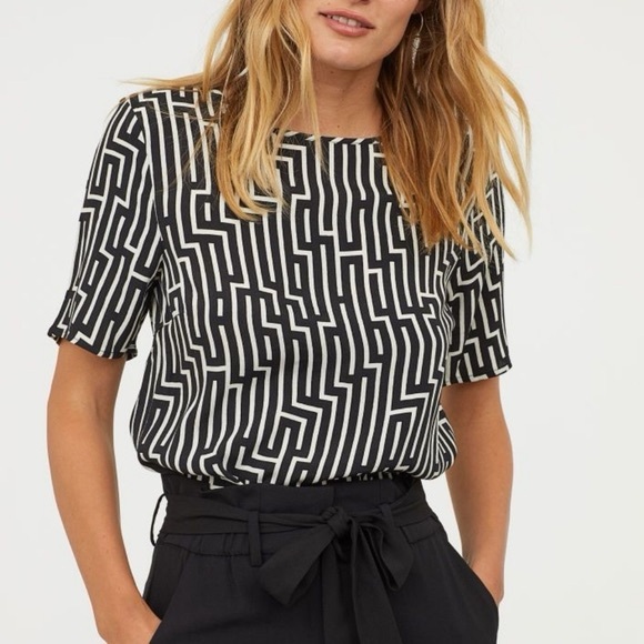 H&M Tops - GP & J Baker X H&M Black & Ivory Geometric Print Blouse Top